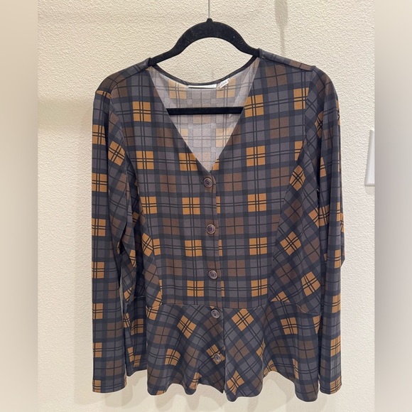 Susan Graver Plaid Button-Up Women's v neck Top loose peplum size large - Picture 1 of 4